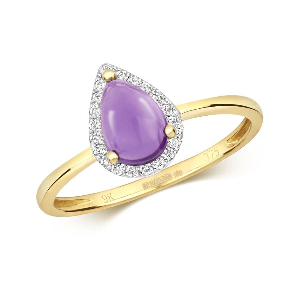 Faith Diamonds 9ct Yellow Gold 0.73ct Amethyst Pear with 0.09ct Diamond Halo Ring Size M (Other Sizes Available to Order)