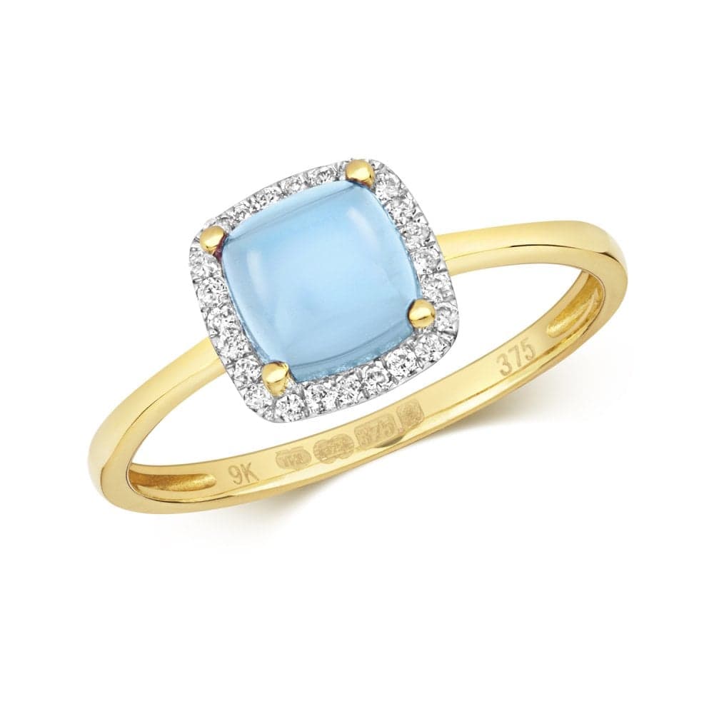 Faith Diamonds 9ct Yellow Gold 1.52ct Blue Topaz Tapered Square with 0.11ct Diamond Halo Ring