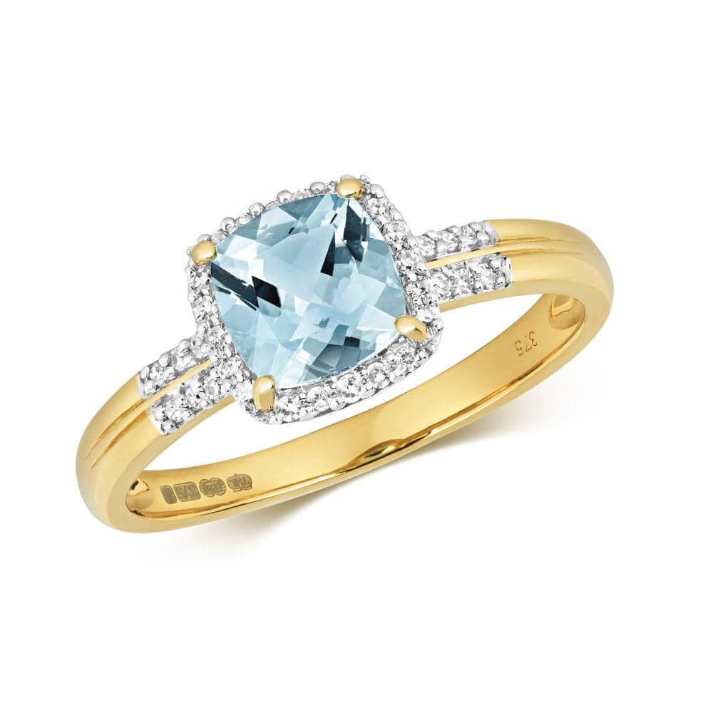 Faith Diamonds 9ct Yellow Gold Tapered Square 1.09ct Blue Topaz with 0.10ct Double Diamond Shoulders Ring Size M (Other Sizes Available to Order)
