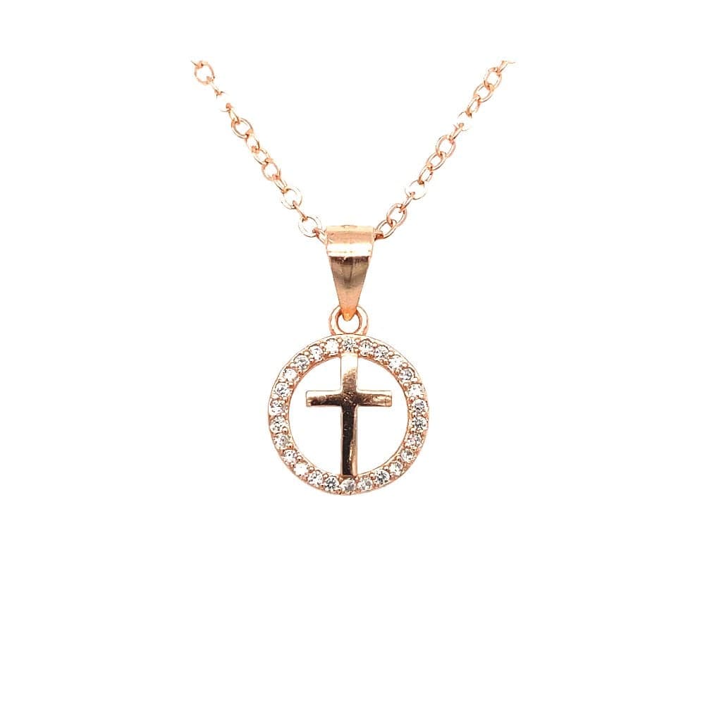 Faith Rose Gold Sterling Silver Sterling Silver Rose Gold Plain Cross inside Floating CZ Halo 10 x 10mm Pendant on Diamond Cut Chain