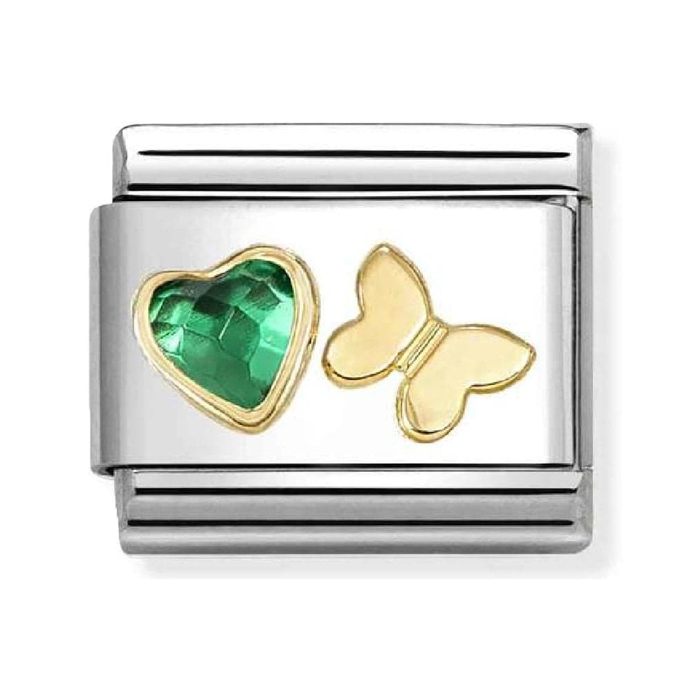 Nomination Green CZ Heart with Butterfly Yellow Gold Charm