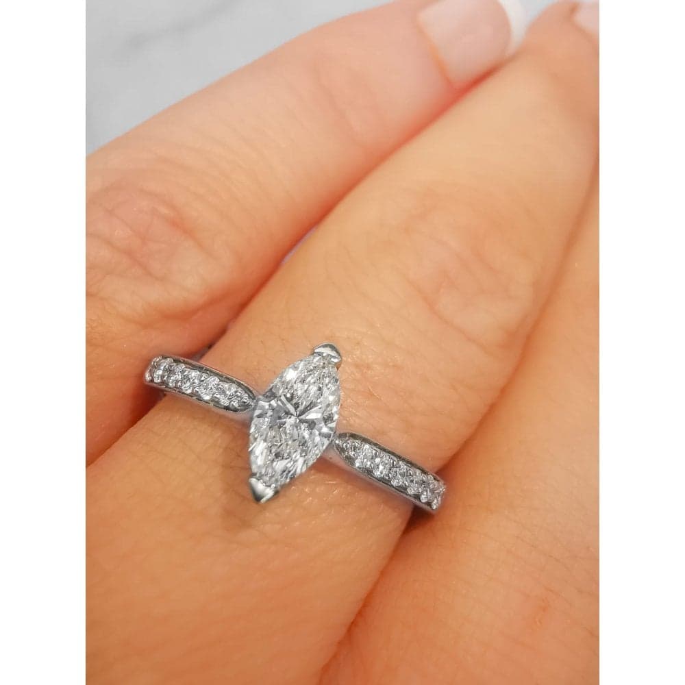 Faith Diamonds Palladium 0.65ct Marquise Solitaire with Round Brilliant Shoulders Diamond Ring