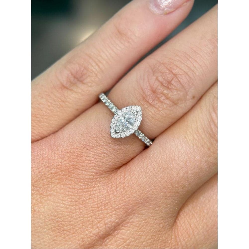 Faith Diamonds Platinum Total 0.66ct Marquise Cut Centre with Single Halo & Diamond Shoulders Ring