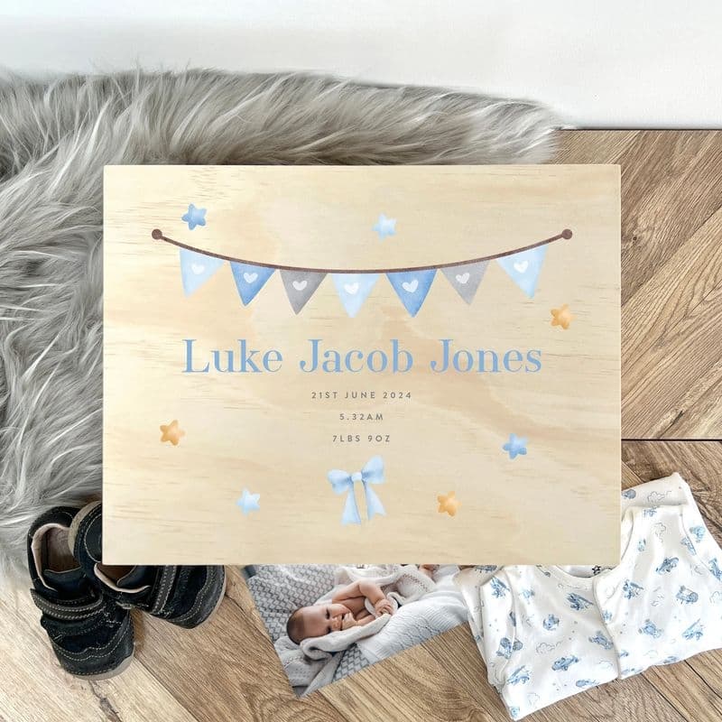 Personalised Blue Garland New Baby Keepsake Box - 20cm