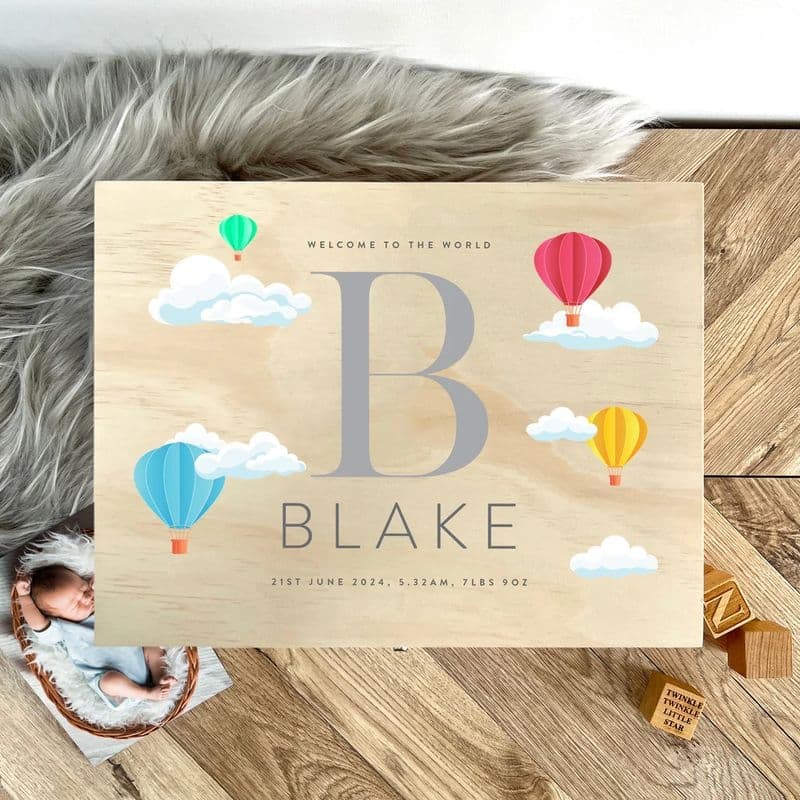 Personalised Hot Air Balloon New Baby Keepsake Box - 20cm